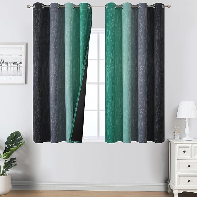 Estelar Textiler Green and Black Ombre Blackout Curtains 54 Inch Length for Window, Room Darkening Thermal Insulated Energy Efficient Grommet Drapes for Bedroom,52x54 Inch,2 Panels