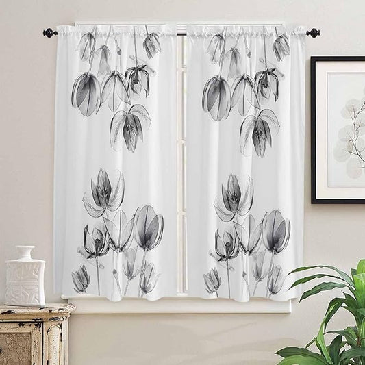 Kitchen Tier Curtains 63 inches Length, Flower Tulips Transparent Black Floral Window Curtains for Living Room Bath Cafe,Rod Pocket Light Filtering Drapes Short Half Window Treatment Tiers 2 Panels