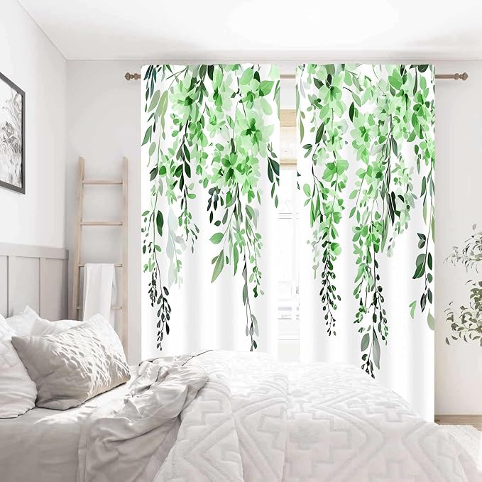Green Watercolor Floral Curtains, Botanical Leaves Vine Flowers Curtain, Rustic Farmhouse Flower Leaf Blackout Window Treatment Drapes for Bedroom Living Room 52x90 inch, 2 Panels