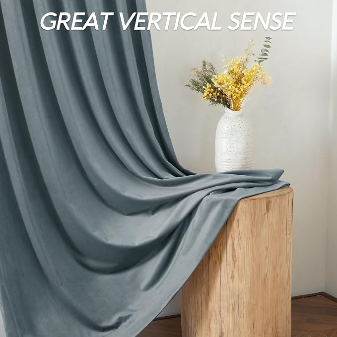 RYB HOME Blue Velvet Curtains 108 inch, Solid 2 Layers Blackout Window Curtains for Living Room Light & Draft Block Privacy Backdrop with Pleat Tape, Stone Blue, W48 x L108 inch, 1 Panel