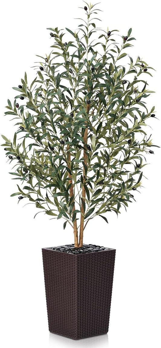 Artificial Olive Tree 5FT Faux Olive Tree - Adjustable Branches UV Resistant with Brown Taper Planter and Pebbles - Faux Plants Indoor for Living Room, Office Decor and Bedroom