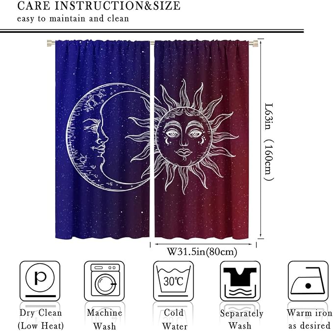 Sun Moon Blackout Windows Curtains, Burning Sun Moon Red Blue Cosmic Galaxy Bohemian Curtains, for Living Room Bedroom 63x63in 2 Panels