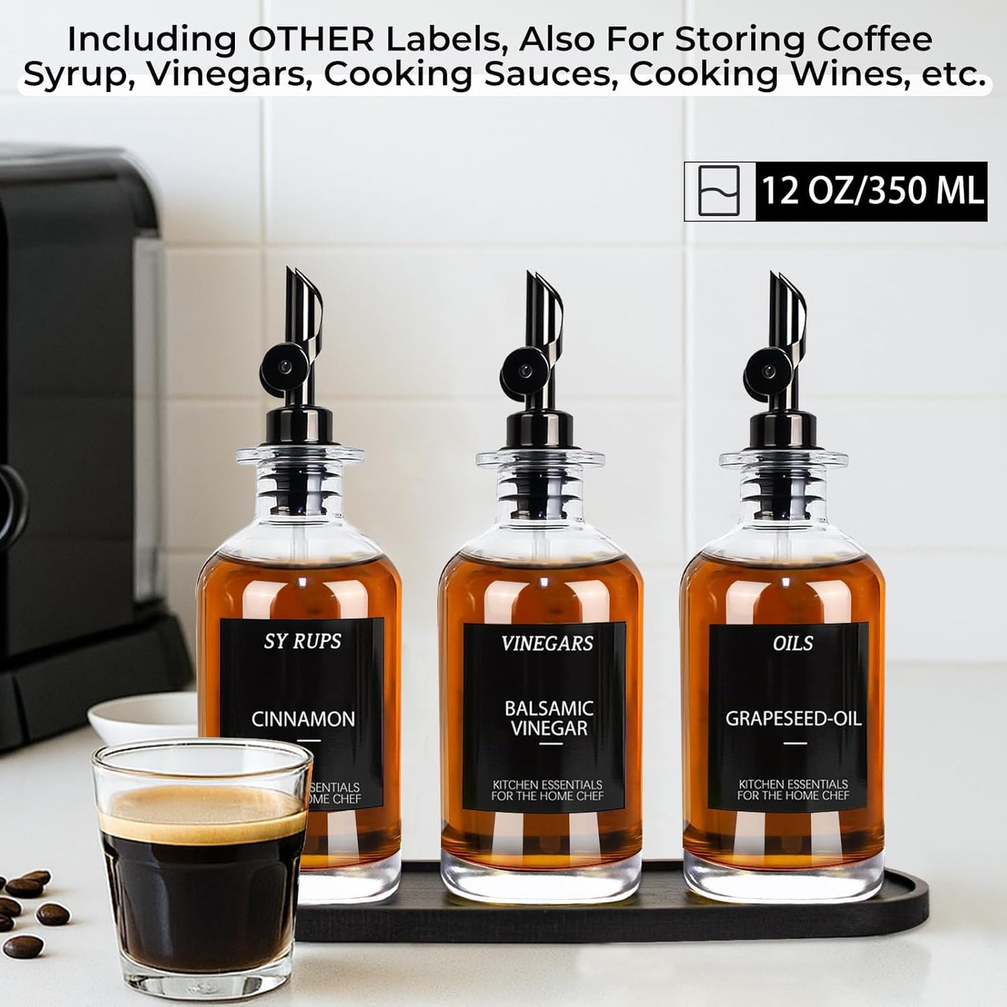 3PCS Olive Oil Dispenser Bottle For Kitchen, Soy Sauce Dispenser, Glass Oil and Vinegar Dispenser Set W. Wooden Tray & Labels & 3 Replacement Spouts, Coffee Syrup Dispenser