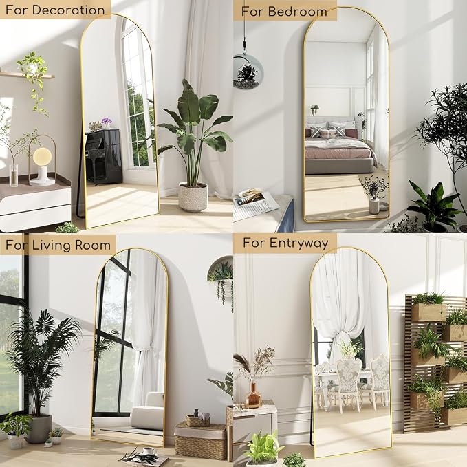 Prywot Arched Full Length Mirror, 70"x26" Free Standing Floor Mirror, Modern Full Body Mirrors with Stand, Wall Mirrors with Aluminum Alloy Frame for Bedroom,Living Room, Gold
