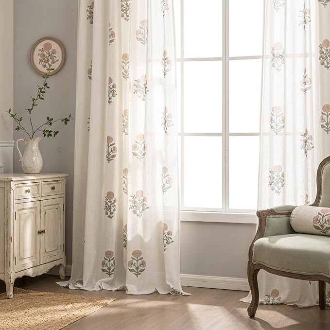 63 Inch Length Floral Linen Curtains for Living Room, Pink and Green Vintage Farmhouse Pattern Pinch Pleated Light Filtering Semi Sheer Drapes for Bedroom Dining Room 2 Panel Set