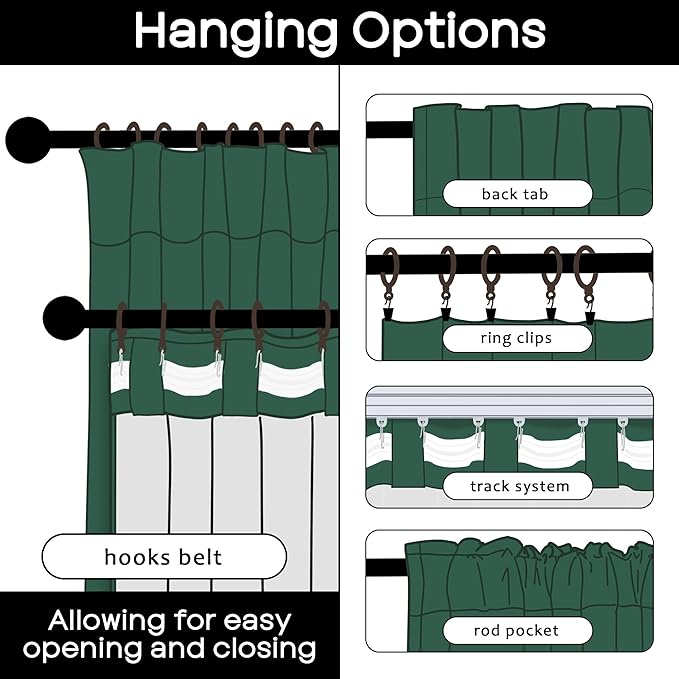 Dark Emerald Green Back Tab Blackout Curtains, Linen Textured Hunter Green Dark Academia Curtains for Bedroom Living Room, 2 Panels