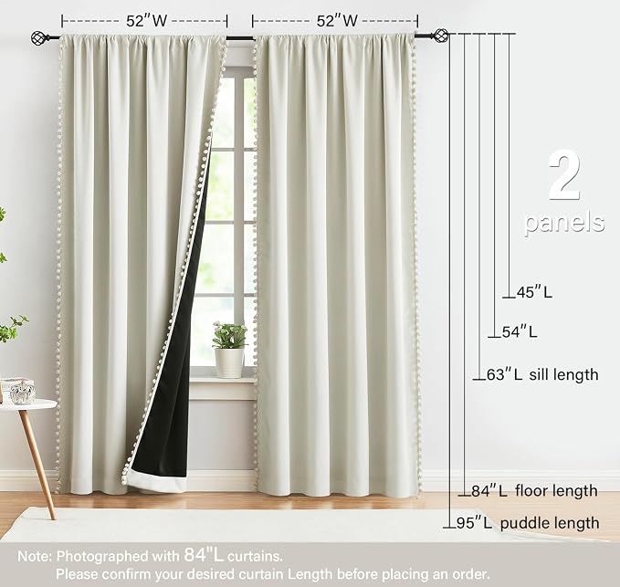 Treatmentex Full Blackout Curtains for Bedroom Natural Ivory Pom-Pom Thermal Insulated Window Drapes 63inch Length Curtain Panels for Kids Guest Room Hotel 52" Wx 2pcs Beige Rod Pocket
