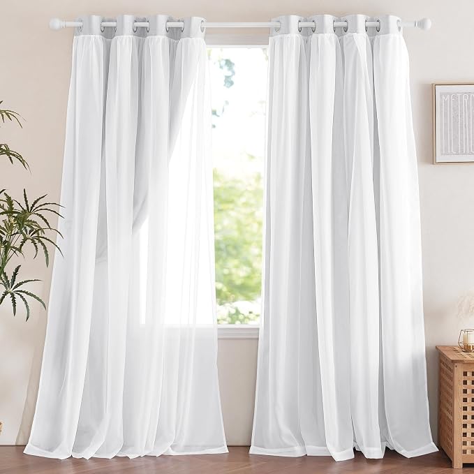 NICETOWN Double Layer Lined Curtains with Sheer Overly, Farmhouse Style Linen Blend Light Filtering Room Darkening Curtains for Kids Room, Bedroom Curtains (2 Panels, W52 x L84, Greyish White)