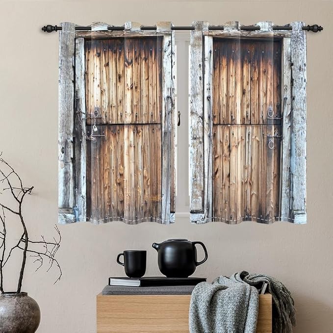 Rustic Barn Door Window Curtains Vintage Dilapidated Wooden Door Window Curtains Window Drapes for Living Room Bedroom Rural Farmhouse Farm Kitchen Window Treatment,21x45 inch,2 Panels