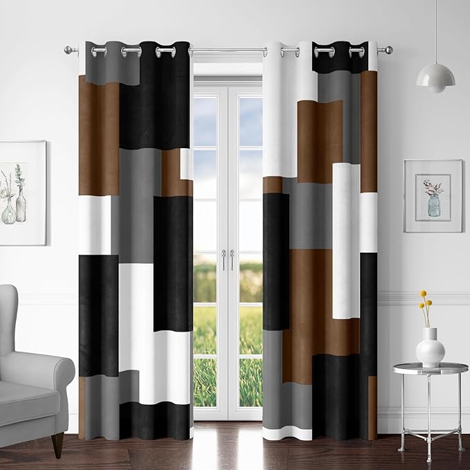 Tyrot Brown 100% Blackout Curtains for Bedroom 84 inch Long 2 Panels Set Black White Gray Modern Abstract Geometric Black Out Curtains Insulated Room Darkening Window Drapes for Living Room, 52Wx84L