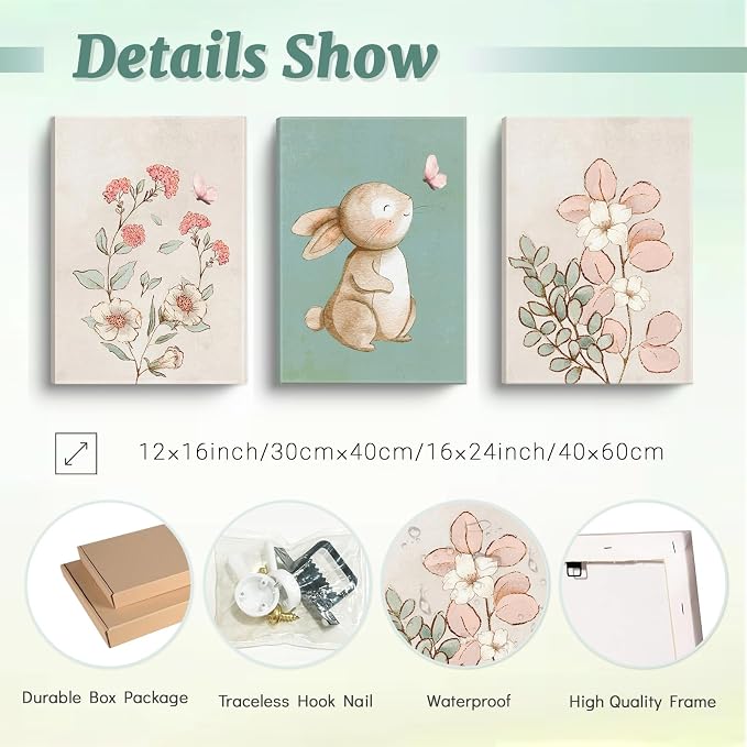 Framed Nursery Wall Art Set of 3 Pink Flower Botanical Pictures 12x16 In | Green Bunny Paintings, Cute Animal Canvas Prints for Girls and Boys Kids Room, Baby Room Decor