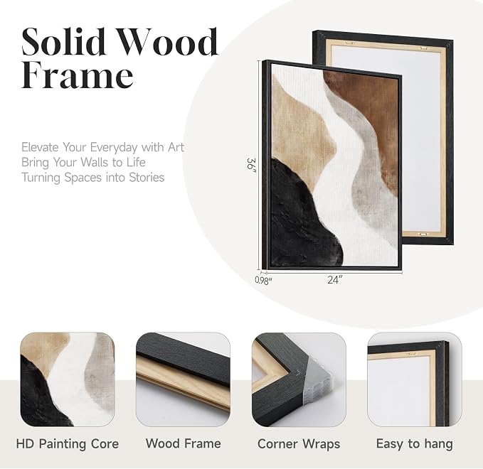 Large Framed Neutral Abstract Wall Art Set of 2 for Living Room, Brown Black White Minimalist Print Canvas Artwork for Walls, Contemporary Mid Century Modern Wall Decor for Bedroom Office, 24x36 In