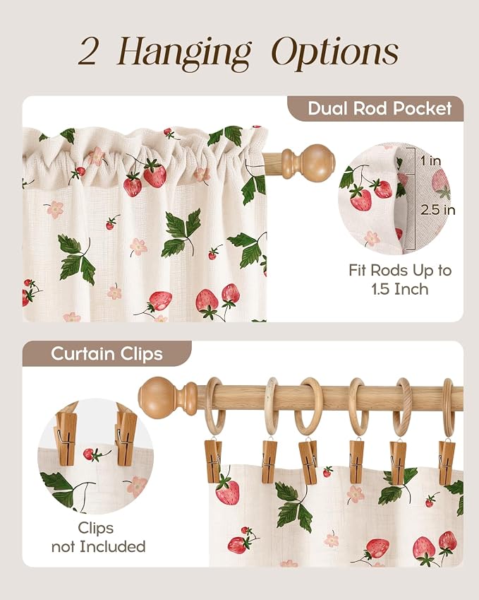 Miss Adola Farmhouse Kitchen Tier Curtains - 18 Inch Length Linen Blend Country Cafe Curtains Strawberry Small Window Treatments Over Sink Rod Pocket for Bathroom Living Room Light Filtering, 2 Panels