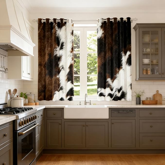 Brown Cowhide Window Curtains Western Black White Cow Print Curtains For Bedroom Living Room Bull Cattle Animal Fur Curtain Drapes Rustic Farmhouse Cowboy Window Treatments 2 Panels 42"Wx84"L