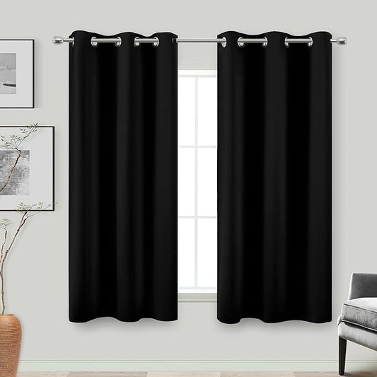 KOUFALL 54 Inch Curtains Length 2 Panels Set,Room Darkening Grommet Insulated Thermal Short Sundown Solar Curtains for for Bedroom,Black