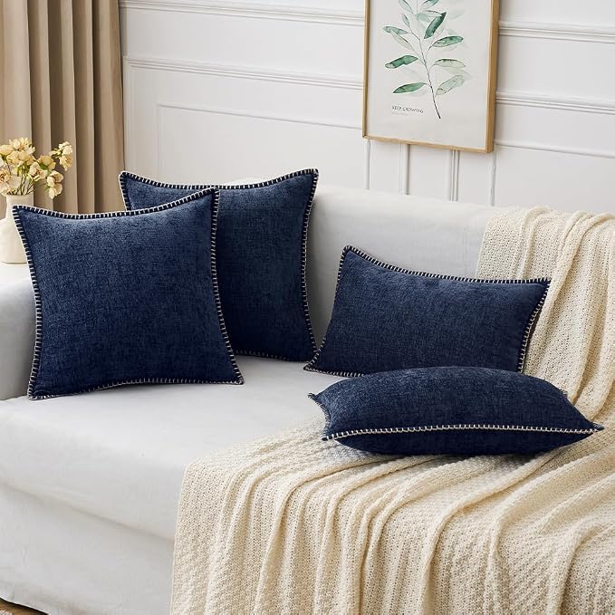 MIULEE Pack of 2 Couch Throw Pillow Covers 20x20 Inch Navy Blue Farmhouse Decorative Pillow Covers with Stitched Edge Soft Chenille Solid Dyed Pillow Covers for Sofa Bed Living Room
