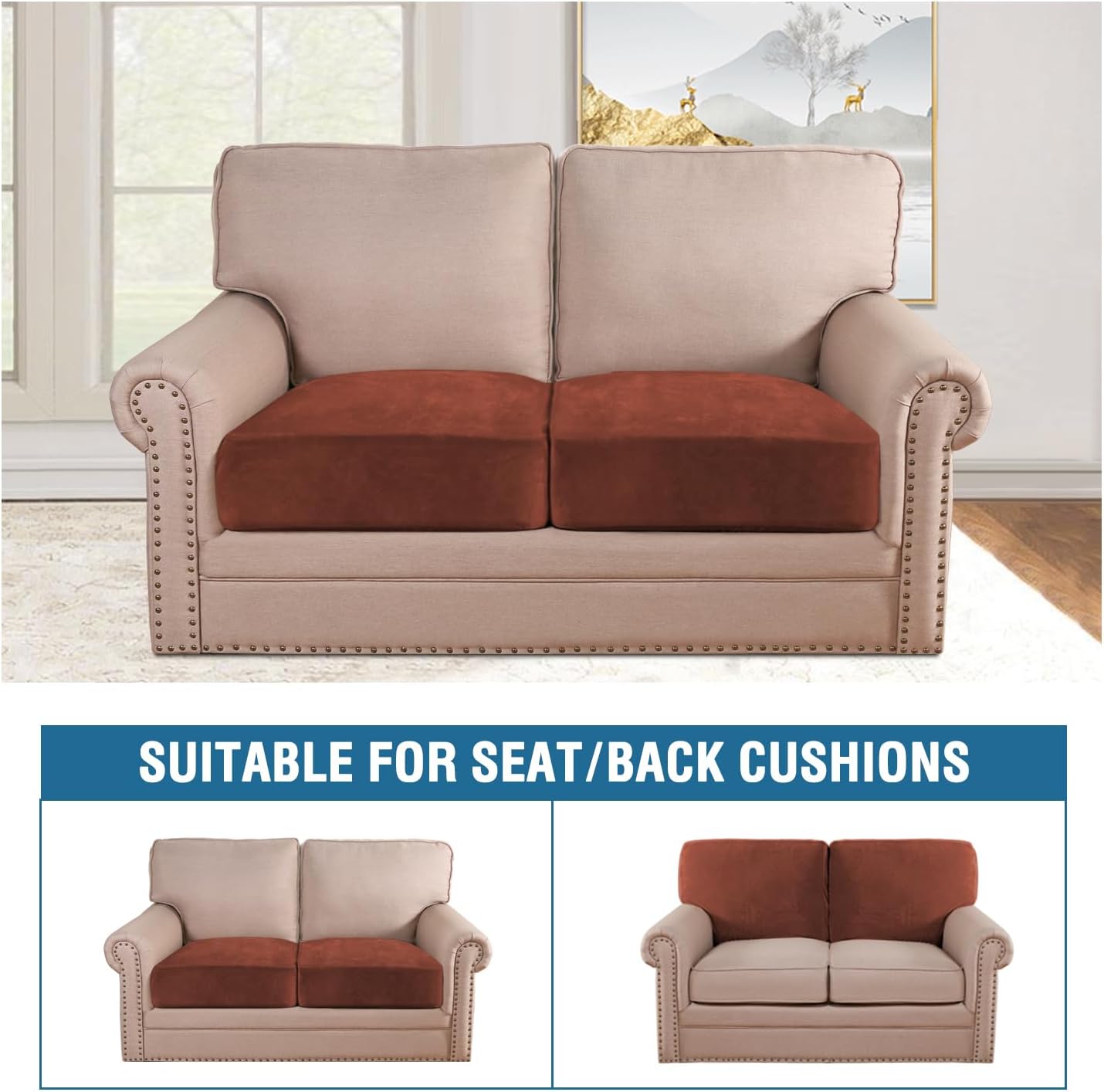 H.VERSAILTEX Velvet Stretch Couch Cushion Cover Plush Cushion Slipcover for Chair Loveseat Sofa Cushion Furniture Protector Seat Cushion Sofa Cover (2 Piece Large Sofa Cushion Covers, Rust)