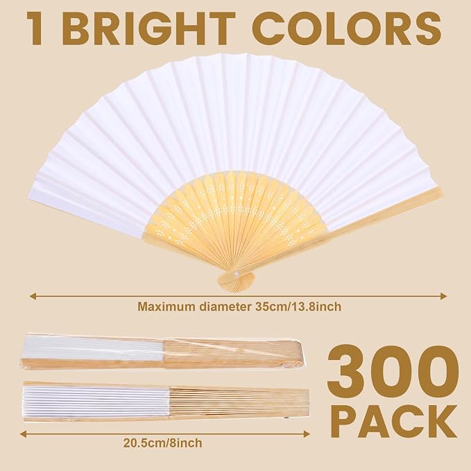 Qunclay 300 Pcs Paper Hand Fans Bulk Bamboo Folding Handheld Wedding Fans for Bridal Dancing Party Favors Church Home Decoration Gift DIY Supplies Stage Props in OPP Individual Package (Pure White)