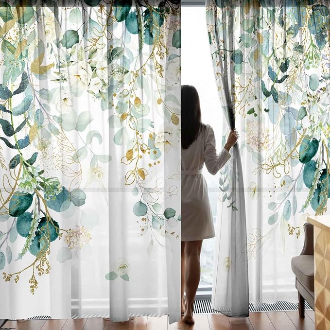 Gold Green Curtains 84 Inches Long Sage Green Leaves Light Filtering Curtain White Floral Drapes for Living Room Farmhouse Leaf Retro Elegant Window Curtains for Bedroom 2 Panels