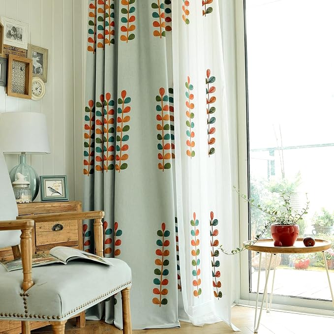 VOGOL Polyester Window Curtains 84 Inch Length, Colorful Leaves Embroidered Grommet Curtain Panels, 60% Room Darkening Drapes, W52 x L84, 2 Pcs