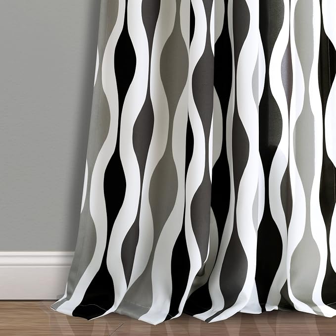 Lush Decor Mid Century Geo Room Darkening Window Curtain Panels Pair 52" W x 108" L Black & Gray - Retro Curtains for Living Room - Vintage Drapes