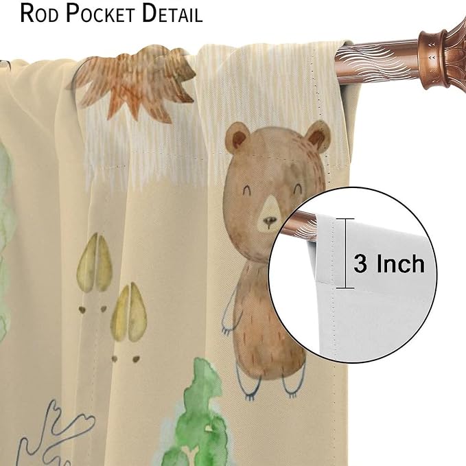 Rustic Animal Curtains, Wild Forest Animal Bear Fox Deer Kids Window Treatments for Living Room Bedroom, Farmhouse Woodland Blackout Drapes 2 Panel Sets, 42x54 Inch