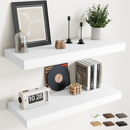 36 Inch Floating Shelves for Wall Set of 2, 12"D Wood Grain Bathroom Shelves with Invisible Brackets, Easy Install Engineered Wood Storage Shelves for Kitchen, Living Room, Bedroom, White Finish