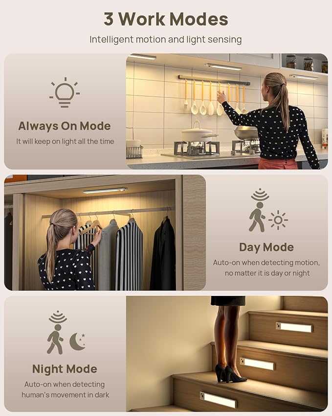 12" Under Cabinet Lights Wireless, Motion Sensor Light Indoor with Remote, LED Rechargeable Closet Light, 3 Color Temps, Dimmable, Magnetic, Under Counter Lights for Kitchen, Stairs, Pantry, Hallway
