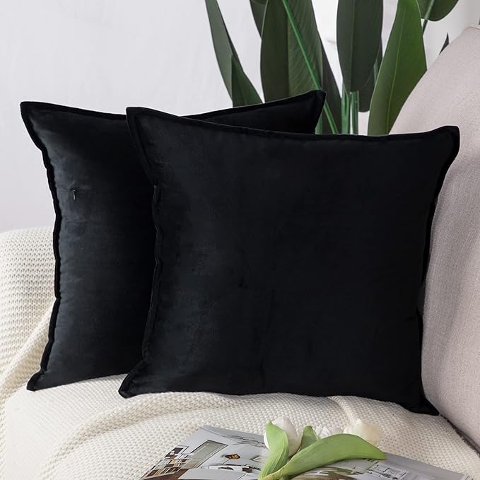 MADIZZ Set of 2 Super Soft Velvet Decorative Throw Pillow Covers 22x22 inch Black Square with Fringe Luxury Style Cushion Case Pillow Shell for Sofa Bedroom
