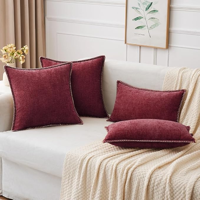 MIULEE Pack of 2 Lumbar Throw Pillow Covers 12x20 Inch Burgundy Red Farmhouse Decorative Pillow Covers with Stitched Edge Soft Chenille Solid Dyed Pillow Covers for Couch Sofa Bed Living Room