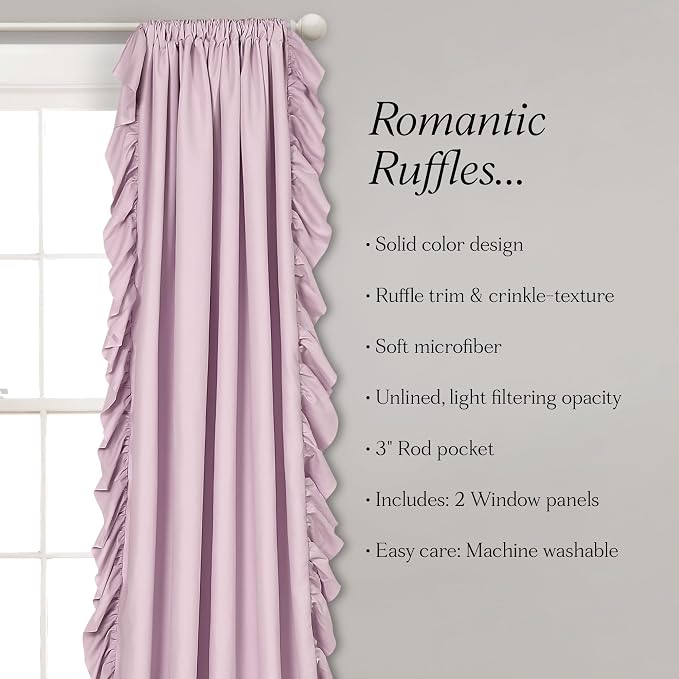 Lush Decor Reyna Ruffle Window Curtain Panel Set, Pair, 54" W x 84" L, Lilac - Flowy Curtain Set - Romantic Ruffle Curtains for Bedroom, Living room, or Dining Room - Farmhouse & Cottage Home Decor