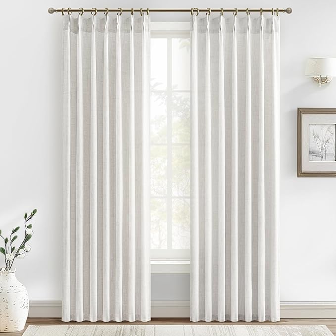 Custom 88 Inch Beige White Pinch Pleat Nursery Curtains 2 Panels Set, Light Filtering Memory Trained Thick Natural Linen Sheer Windows Drapes Privacy Neutral Curtain with Hooks & Rings for Kids Room