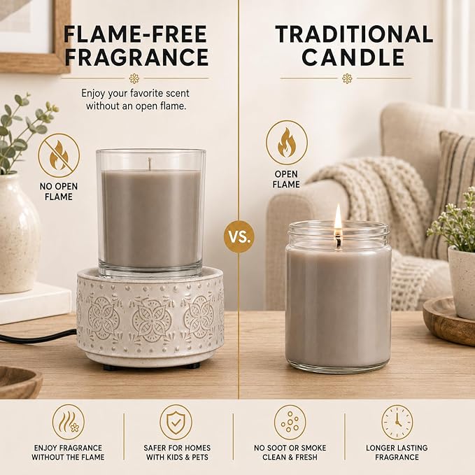 mocosa Ceramic Wax Melt Warmer, 3-in-1 Electric Wax Warmer for Scented Wax Melts, Flameless Candle Wax Burner for Home Fragrance, Bedroom Bathroom Office Decor, Gifts for Women Mom(Beige-Granular)