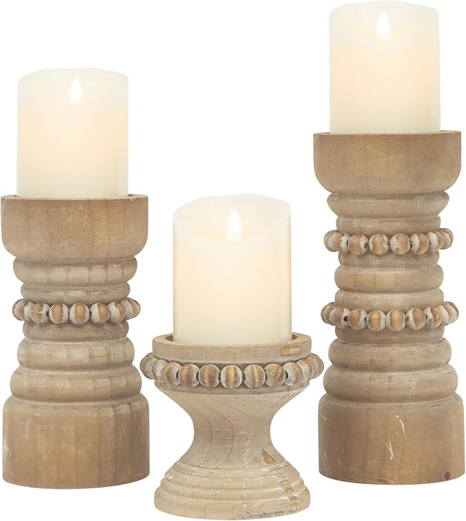 Rustic Natural Wood Candle Holders Set of 3, Farmhouse Beaded Wood Pillar Candle Holder, Candle Holders for Pillar Candles & Candlesticks, Candle Sticks Holder Decor for Table Centerpiece