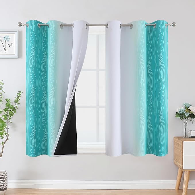 Estelar Textiler Teal and Greyish White Blackout Curtains 45 Inch Length, Light Blocking Gradient Drapes for Bedroom, Thermal Insulated Grommet Ombre Curtains for Bathroom,42Wx45L,2 Panels