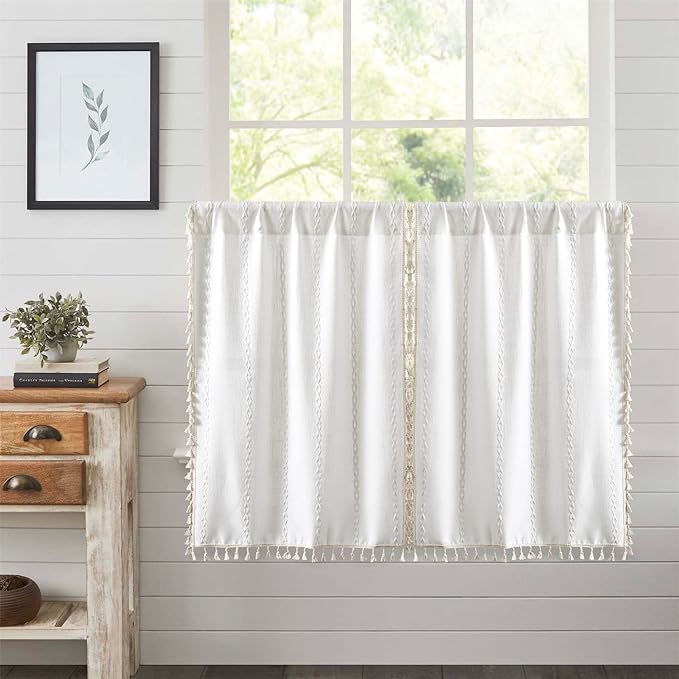 RoomTalks White Boho Farmhouse Kitchen Curtains 36 Inch Length French Striped Modern Vintage Chic Textured Tassel Short Cafe Curtains for Small Window Kitchen Bathroom Bohemian Decor