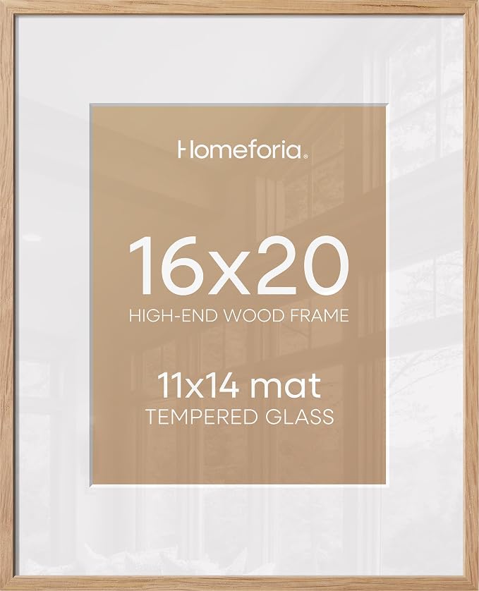 Homeforia 16x20 Wooden Frame, High End Natural Oak 16x20 Light Wood Picture Frame with Mat 11x14, 16 by 20 Poster Frames Matted to 11 x 14 Photo, 20by16 Thin Frames, Tempered Glass, Wall Kit, Set of 1