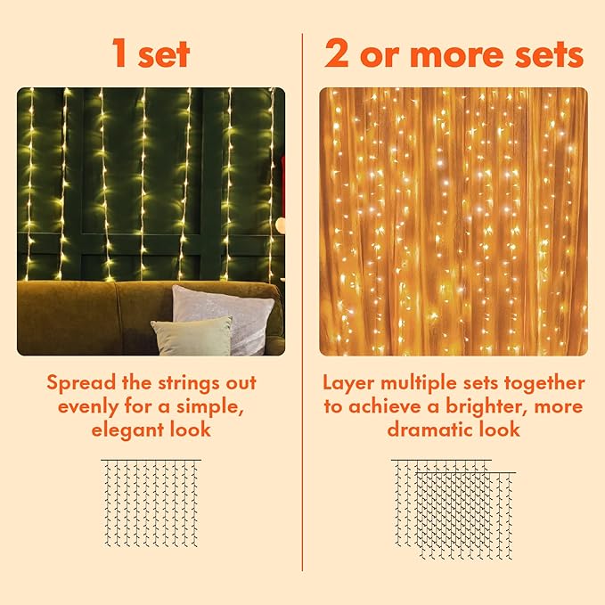 Twinkle Star 300 LED Curtain String Lights, Warm White | 8 Modes, Plug In, For Bedroom Wedding Party Birthday, Indoor Outdoor Wall Window Backdrop