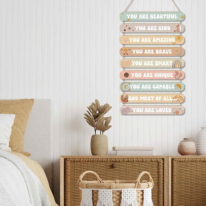MONALET Boho Inspirational Motivational Wall Art Decor for Girls Room Nursery Baby Kids Playroom Bedroom Door, Positive Affirmations Hanging Wood Signs Decorations, Girly Wooden Plaque, 12x19