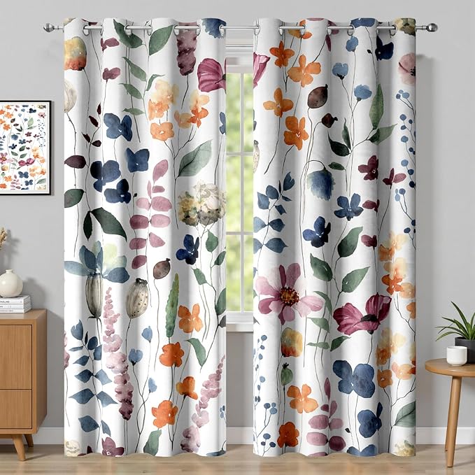Boho Vintage Floral Blackout Curtains, Retro Watercolour Colorful Plant Leaf Flower Design Window Drapes, Living Room Bedroom Decor 2 Panels 52x96 Inch