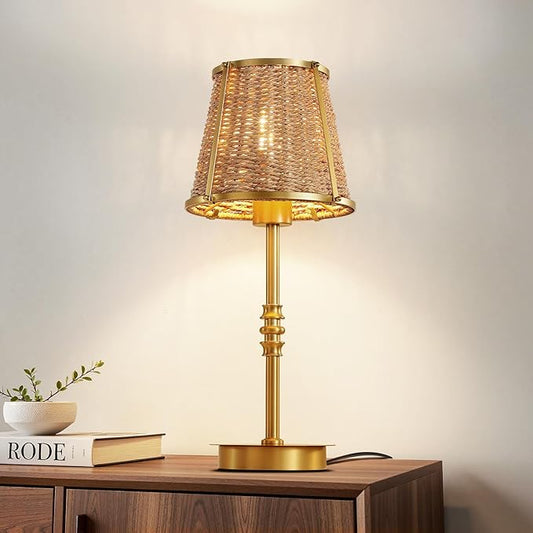 Bedside Table Lamp for Bedroom: Rattan Desk Lamp with Dimming Knob & AC Outlet, 18'' Vintage Nightstand Lamp with 70.8'' Power Cord for Living Room Dorm Office Kids Room Ambient Lighting(E26, No Bulb)