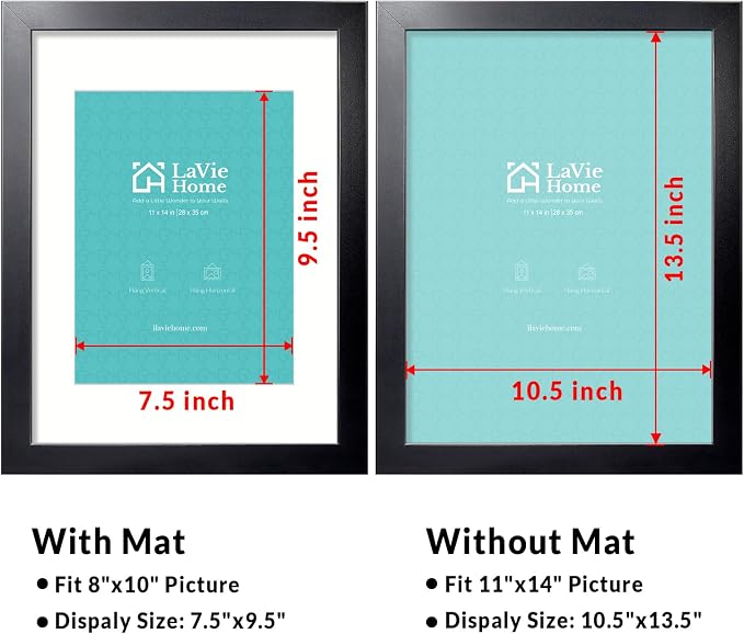LaVie Home 11x14 Picture Frame, 11 x 14 Frame Display Pictures 8x10 with Mat or 11x14 Without Mat, Stable and Sturdy Black Frame and Polished Plexiglass, Horizontal and Vertical Format of The Walls