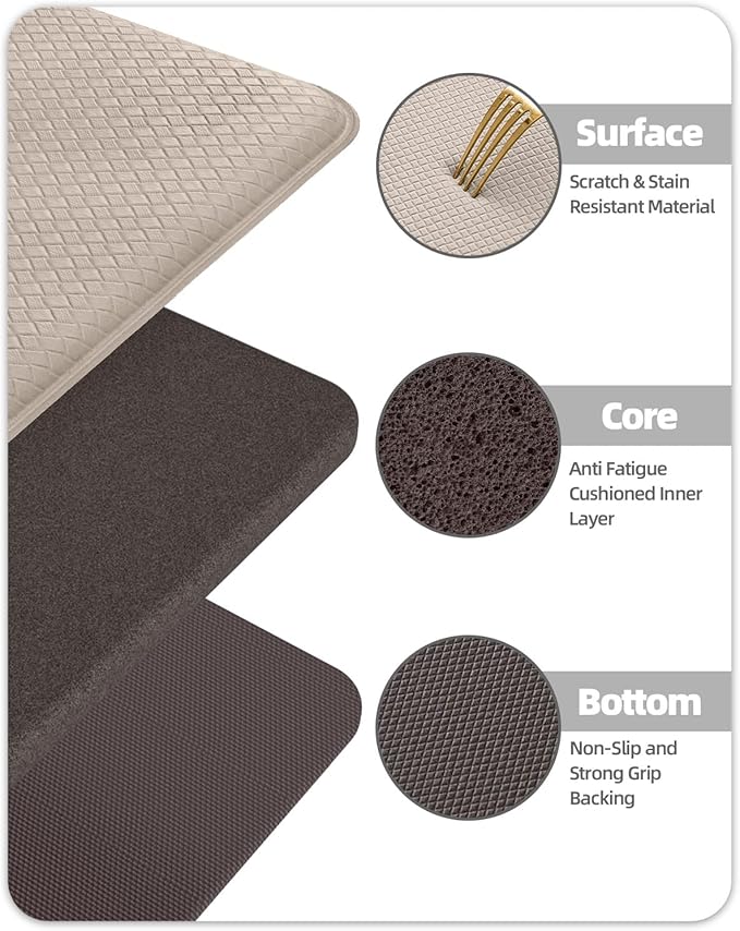 Color&Geometry Anti Fatigue Cushion Kitchen Mat for Floor - 17"x59",Easy Clean, Water & Oil Proof, Anti Slip, Foam Rubber Runner Rug for Front Sink Comfort Standing,Dark Beige