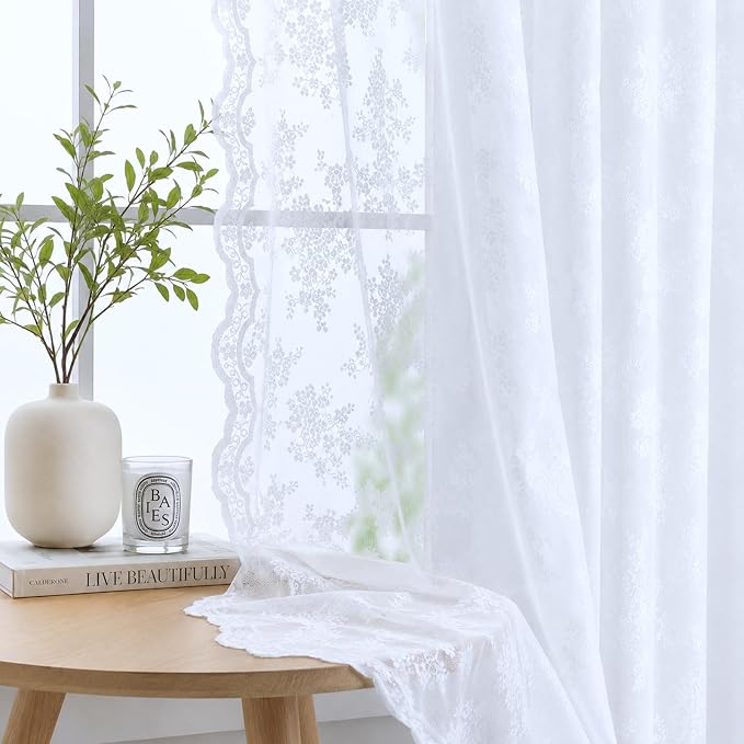 YJ YANJUN Vintage Lace Curtains 63 Inches Long Brilliant White 2 Panels | Floral Pattern,Sheer, Light-Filtering,French,All-space perfect,Rod Pocket