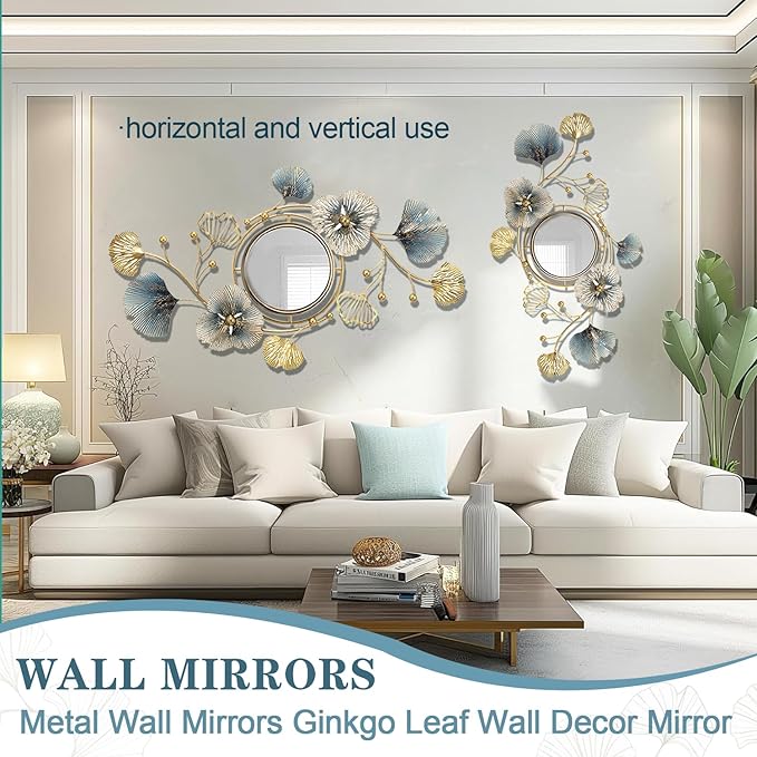 Metal Wall Mirrors Decor, Large Ginkgo Leaf Wall-Mounted Mirrors, Big Wall Decor Mirror, 3D Creative Modern Hanging Wall Mirrors Decorative, for Living Room Bedroom Entryway Bathroom (59X33 Inch)