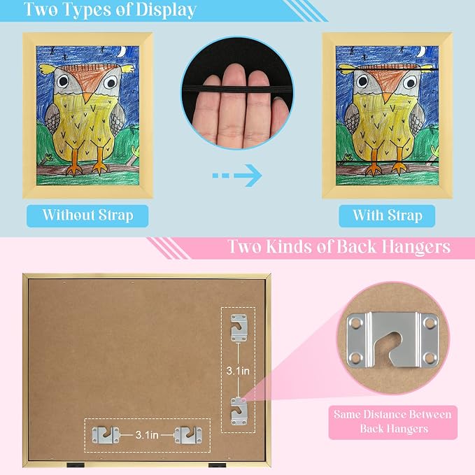 [2-Pack] Kids Art Frames, 8.5x11 Front Opening Kids Artwork Frames Changeable, Gold Artwork Display Storage Frame for Wall, Holds 50 Pcs, for 3D Picture, Crafts, Children Drawing, Hanging Art,
