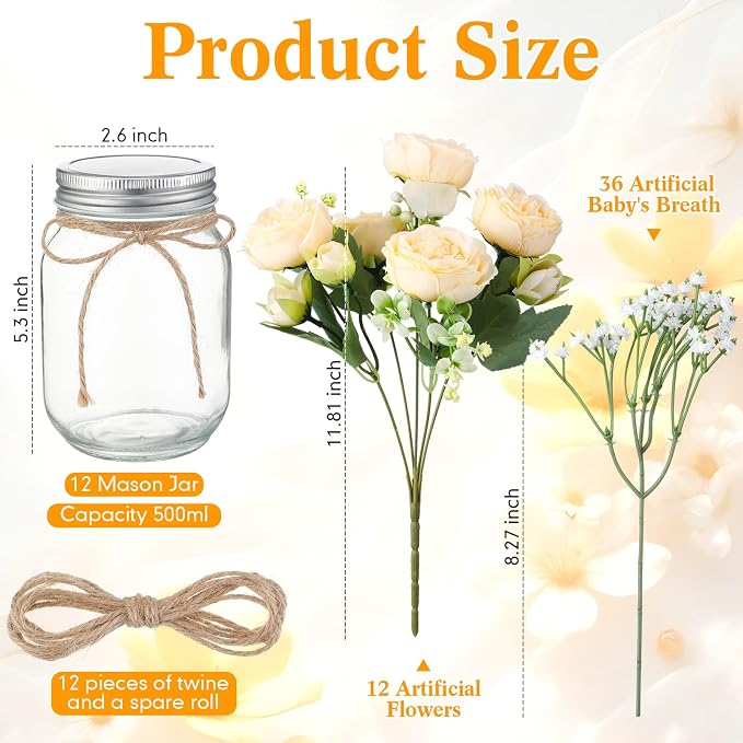 Zeyune 12 Sets Mason Jar Centerpiece Table Decorations, Artificial Peony Baby's Breath Flower Bouquets, Faux Flowers with Vase, Rustic Decor Gifts for Home, Wedding, Holiday (Champagne)