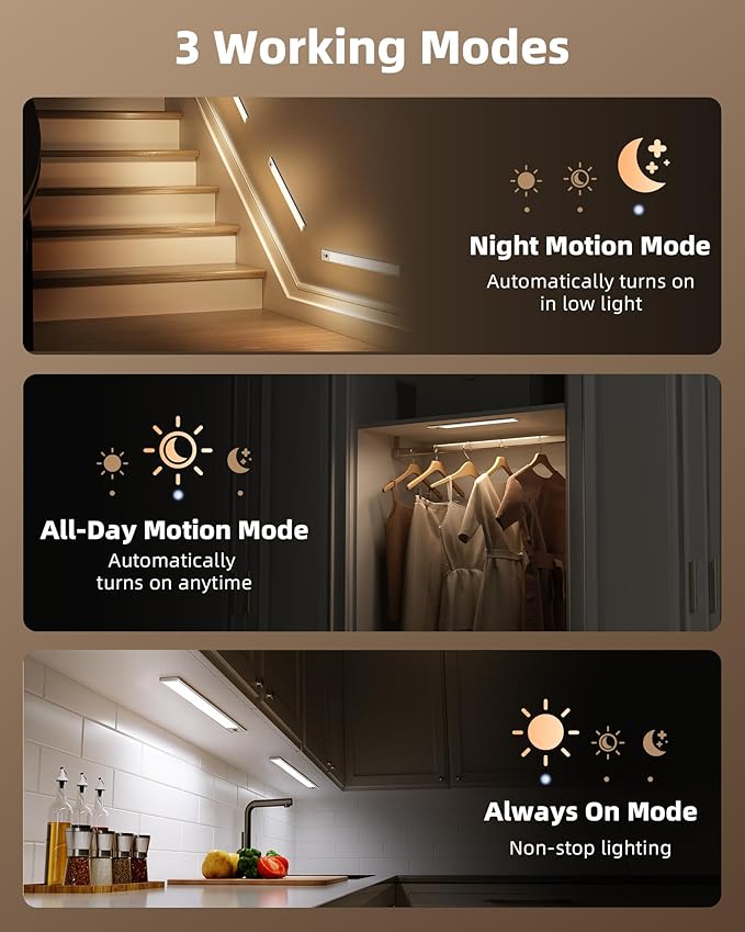 EZVALO 16.5-inch Under Cabinet Lighting, 4000mAh Rechargeable Motion Sensor Light Indoor, with Dimmable & 3 Color Temps, Magnetic Closet Lights, Wireless Under Counter Lights for Kitchen (4-Pack)