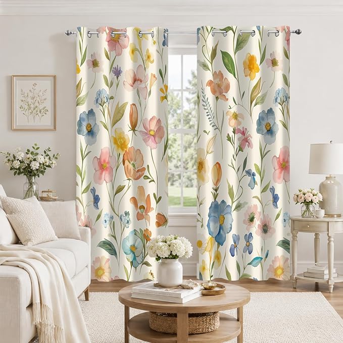 Boho Floral Blackout Curtains, Vintage Colorful Watercolor Wildflower Botanical Plant Leaves Room Darkening Thermal Insulated Grommet Window Drapes for Living Room Bedroom Decor 2 Panels 52x84 Inches