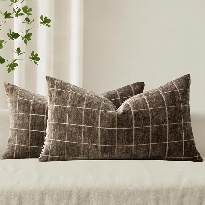 MIULEE Brown Plaid Decorative Fall Throw Pillow Covers 12x20 Set of 2 | Vintage Check Chenille Couch Pillows Boho Farmhouse Cushion Covers Modern Fall Home Decor for Sofa Bed Living Room
